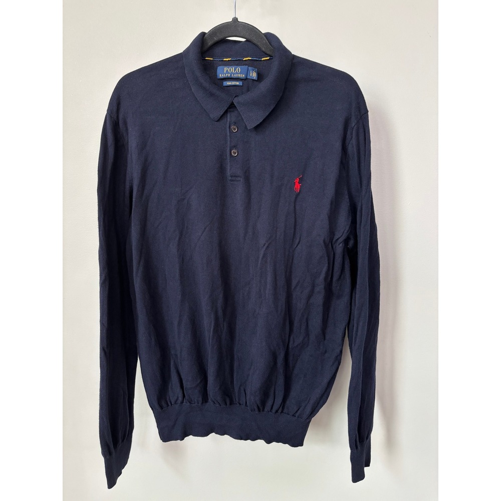 Polo Ralph Lauren Navy Blue Pima Cotton Long Sleeve Polo Sweater Mens Large
